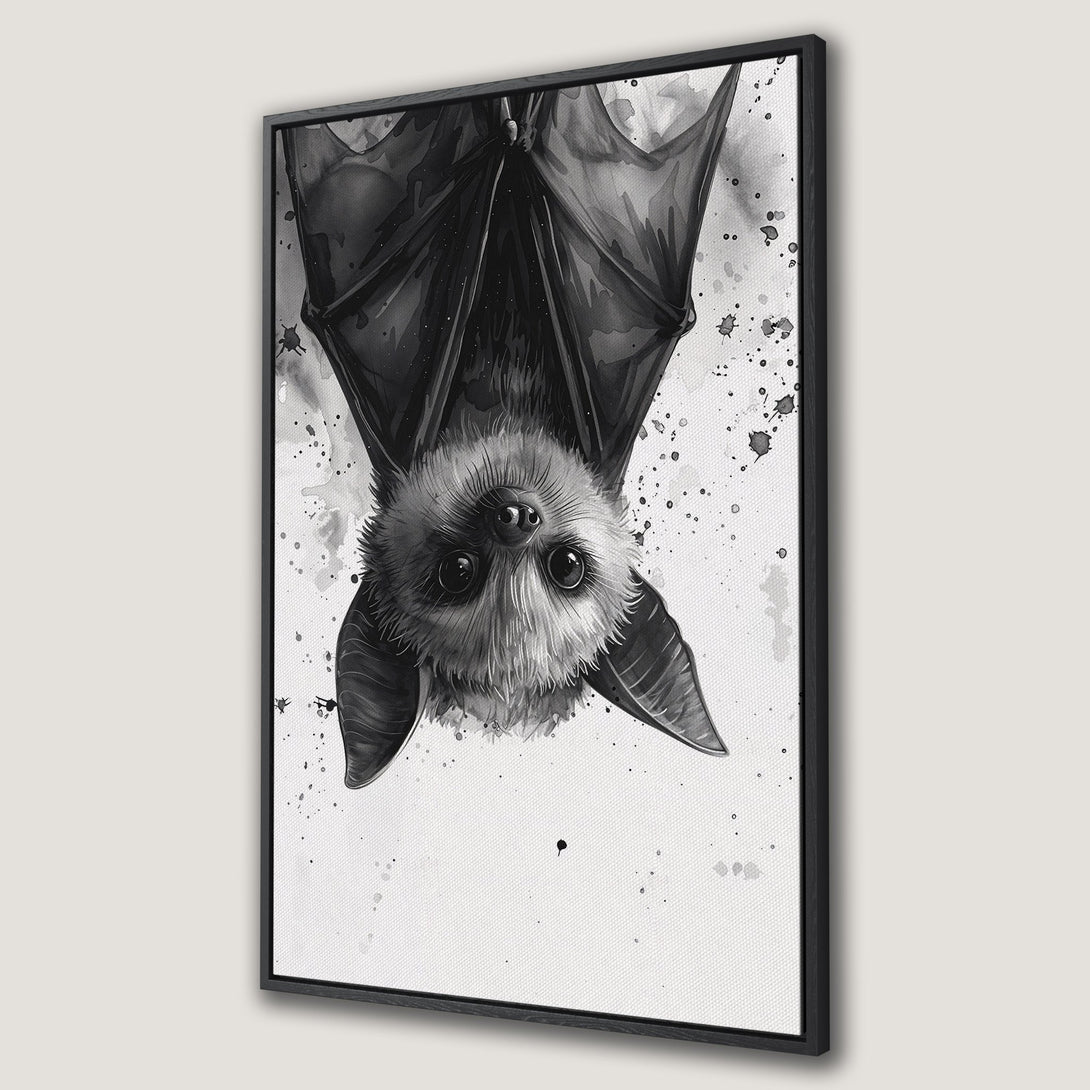 Framed Wall Art: Watercolor bat print in black and white. Unique, modern canvas art for your home. Add a touch of spooky style!