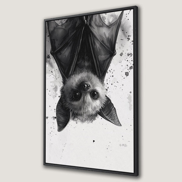 Framed Wall Art: Watercolor bat print in black and white. Unique, modern canvas art for your home. Add a touch of spooky style!