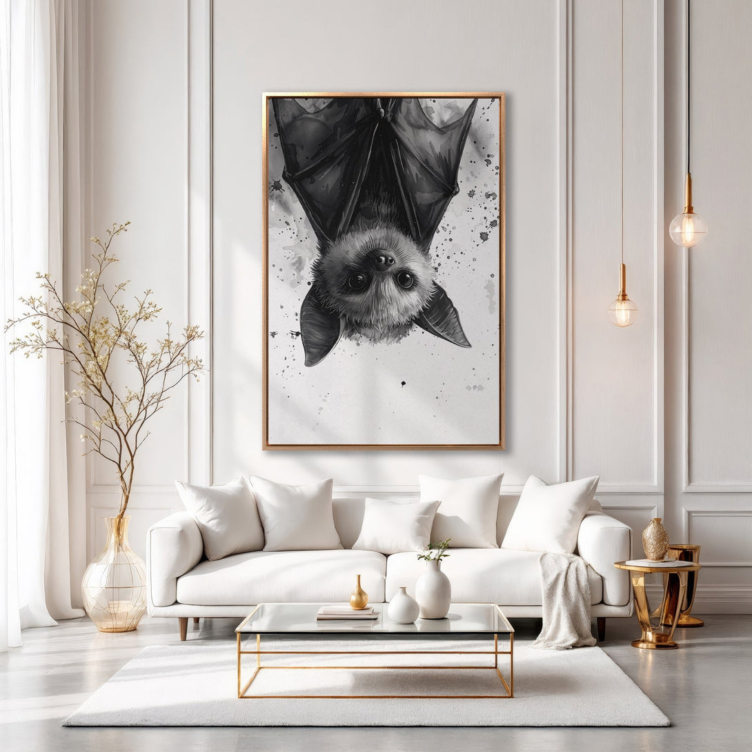 Framed Wall Art: Watercolor bat print in a modern interior. Black and white artwork with gold frame adds a touch of elegance. Shop now!