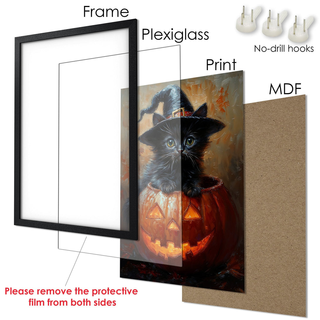 Framed Poster of a black cat in a pumpkin, oil painting style, warm orange and black color palette. Perfect Halloween decor!