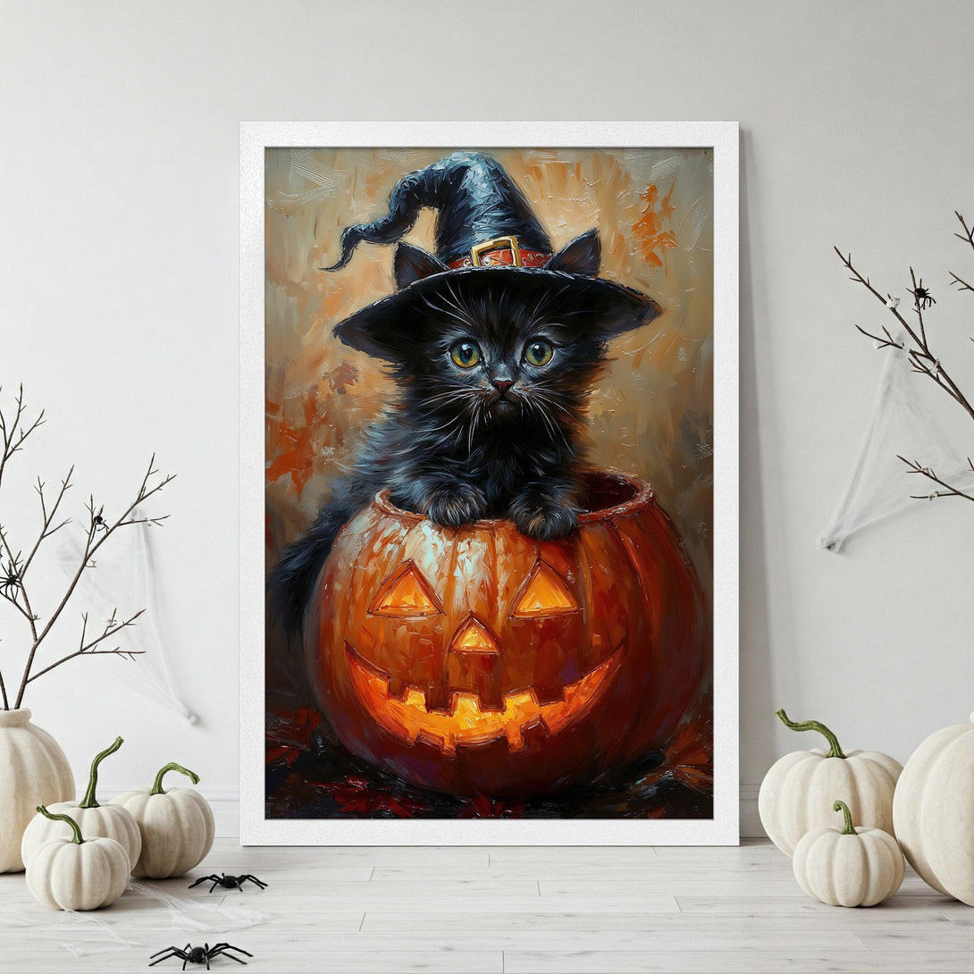Framed Poster featuring a Halloween cat in a pumpkin. Oil painting style, warm orange and black color palette. Perfect spooky decor!