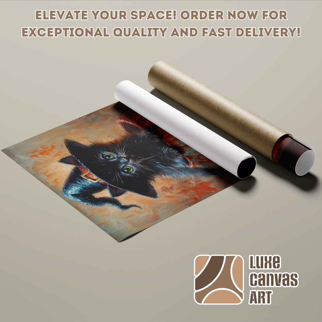 Poster Roll featuring a black cat art print in an expressive style with warm color palette. Elevate your space!