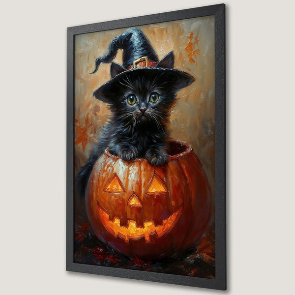 Framed Poster: Adorable black cat in witch hat inside a pumpkin. Oil painting style with orange, black, and gold color palette. Perfect Halloween decor!