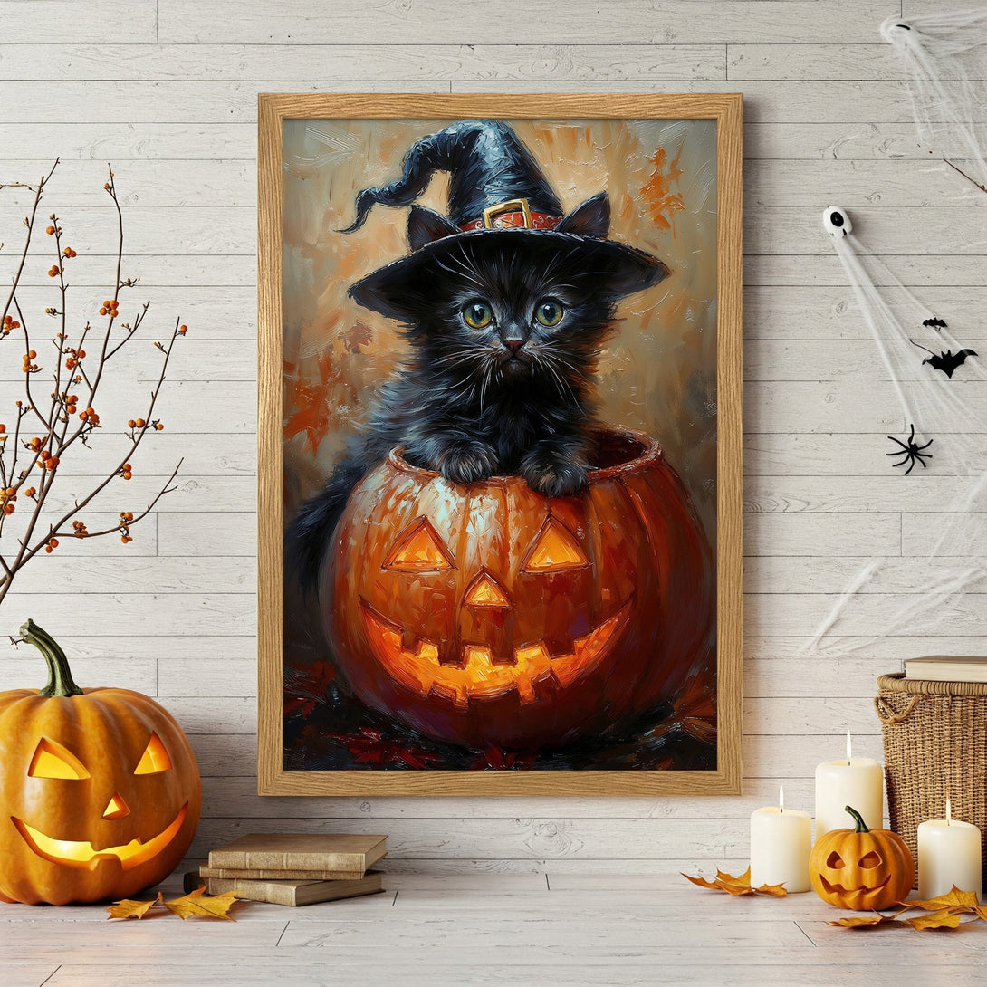Framed Poster of a black cat in a witch hat inside a pumpkin. Halloween art style, warm orange and black color palette.