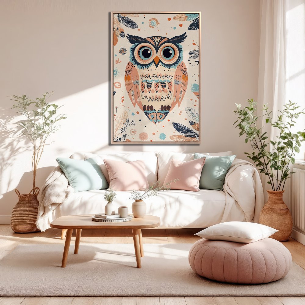 Framed Wall Art: Boho owl Canvas Print in a living room. Pastel color palette, perfect for adding charm to any space.