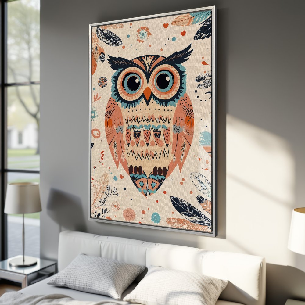 Framed Wall Art: Boho owl print in warm peach, blue, and cream tones. Perfect for adding a touch of whimsy to your bedroom decor.
