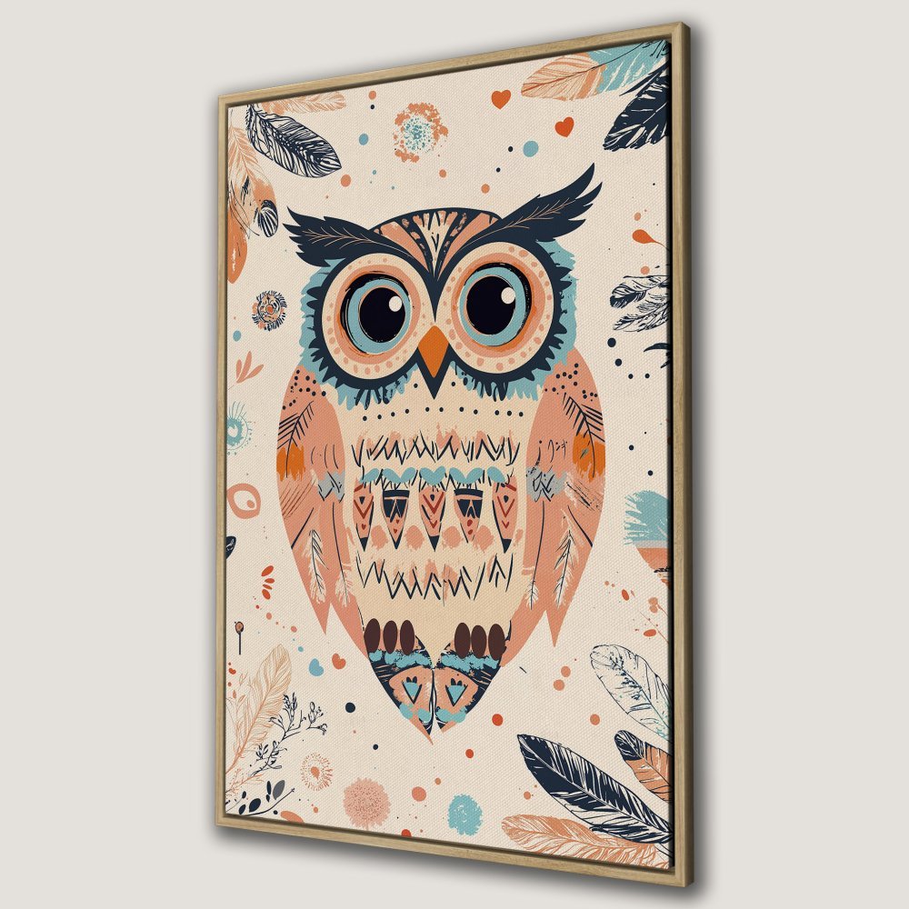 Framed Wall Art: Boho owl Canvas Print in pastel colors. Perfect for nursery or living room decor. Shop now!
