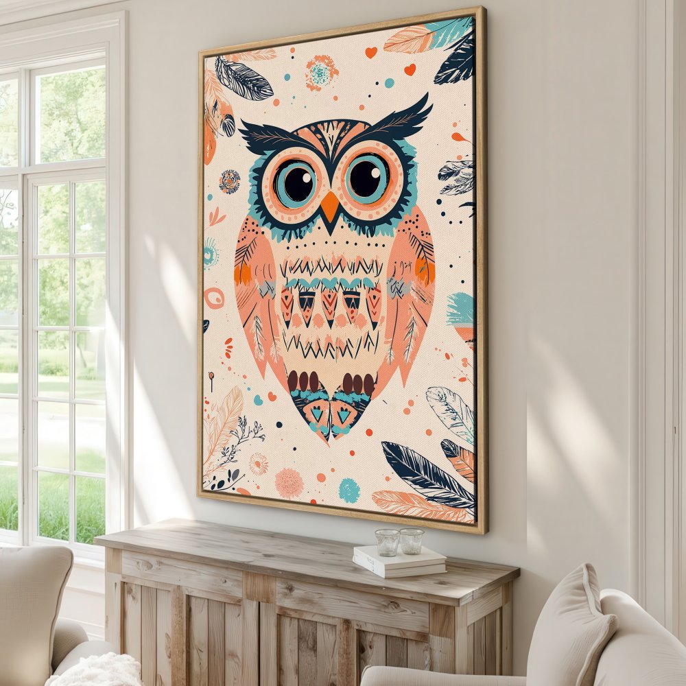 Framed Wall Art: Whimsical owl illustration in boho style with a warm, pastel color palette. Perfect for adding charm to any room!