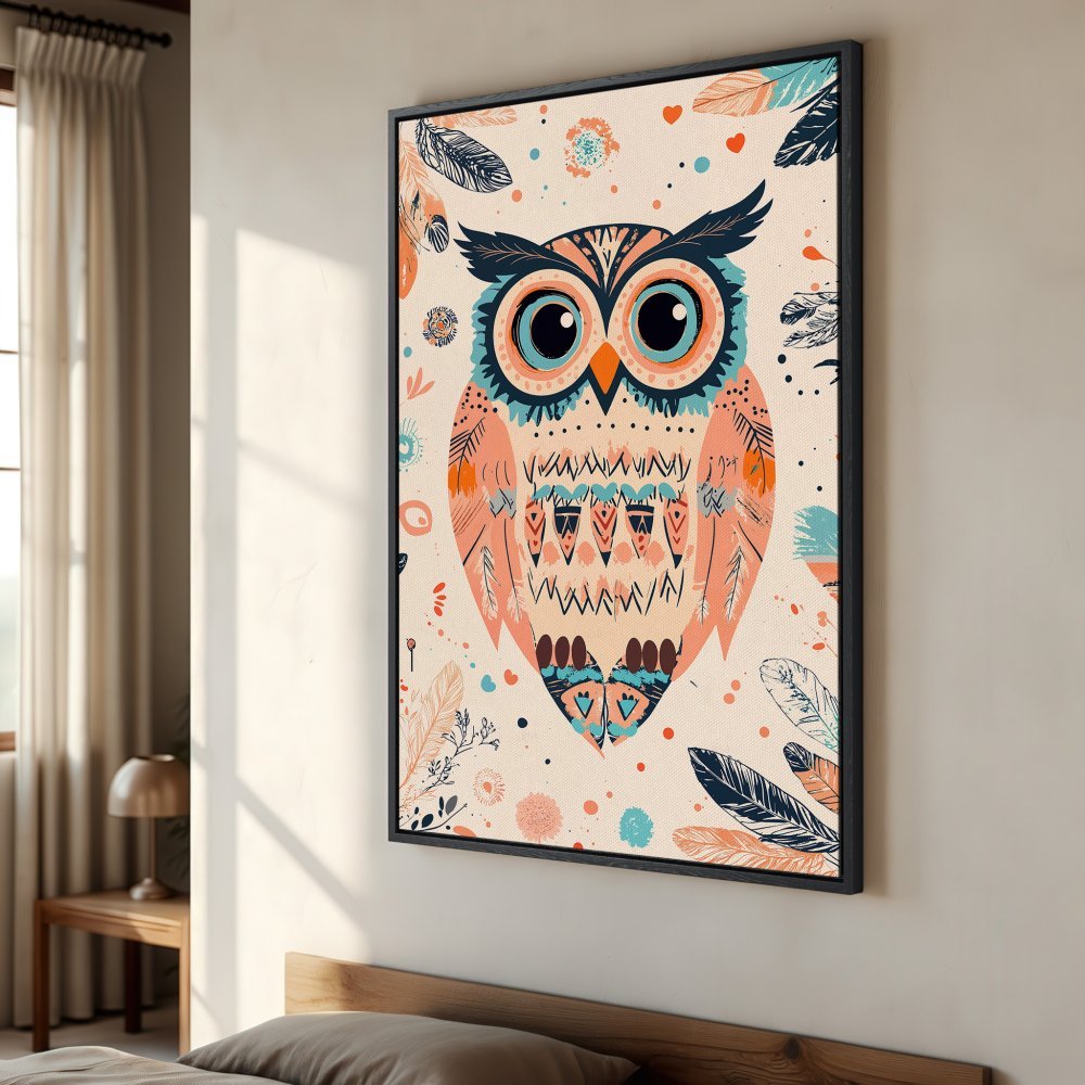 Framed Wall Art: Whimsical owl illustration in a boho style. Pastel color palette of peach, teal, and navy. Perfect for adding charm to any room.