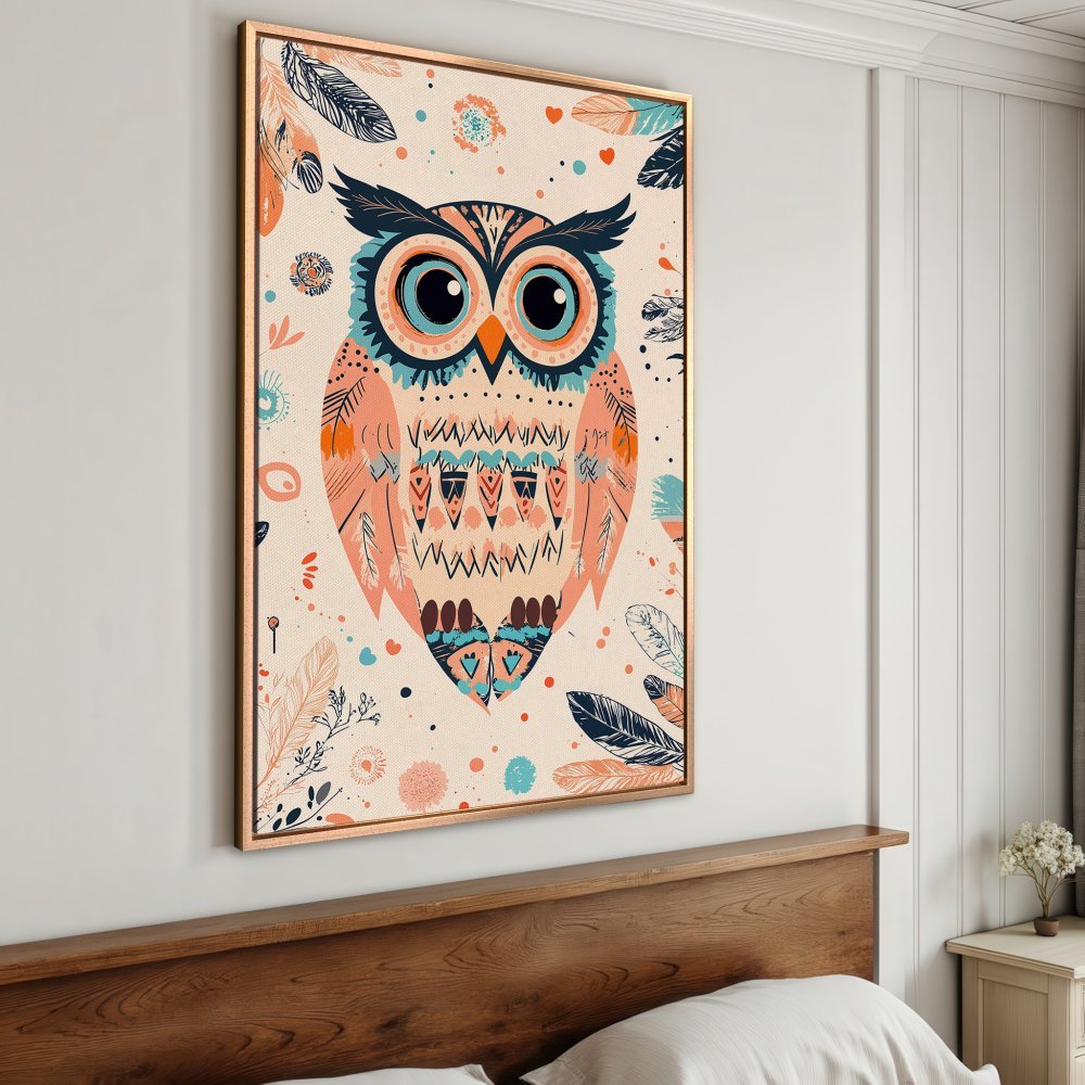 Framed Wall Art featuring a vibrant owl illustration in boho style with a warm, pastel color palette. Perfect for adding personality to any room!