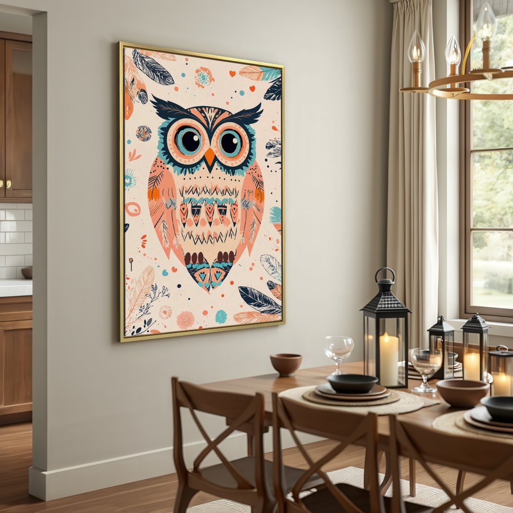Canvas Print: Boho owl art in warm peach, teal, and cream tones. Add a touch of whimsy to your home with this unique wall decor.