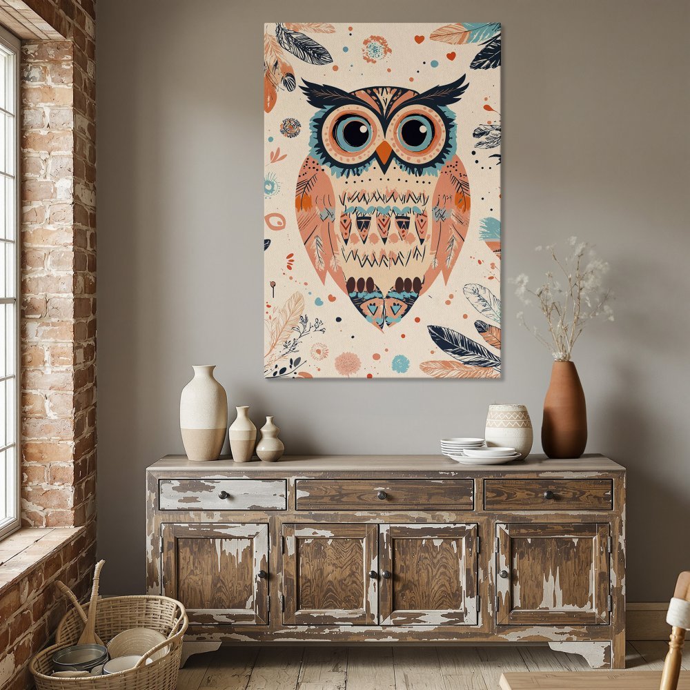 Framed Wall Art featuring a whimsical owl illustration. Boho style with a warm, pastel color palette. Perfect for adding character to your dining room!