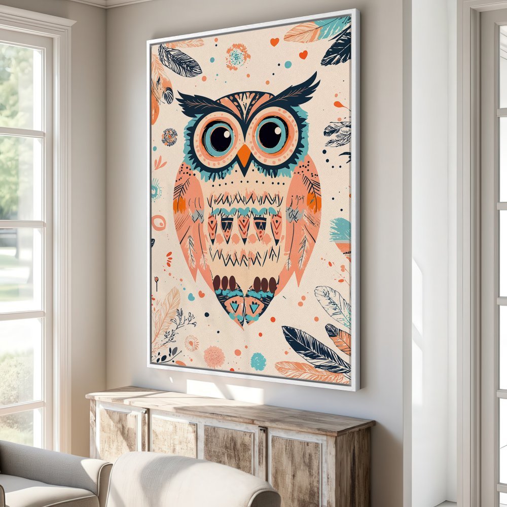 Framed Wall Art: Boho owl canvas print in warm peach, teal, and navy tones. Add whimsical charm to your home decor!