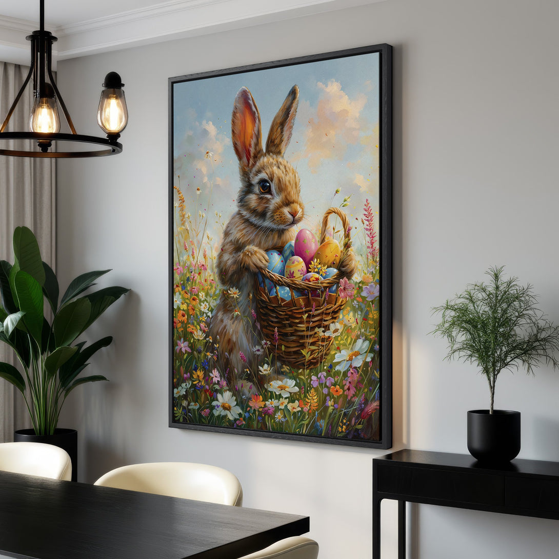 Framed Wall Art featuring an adorable bunny with Easter eggs in a field of flowers. Pastel color palette, perfect for spring decor. Add charm to your home!