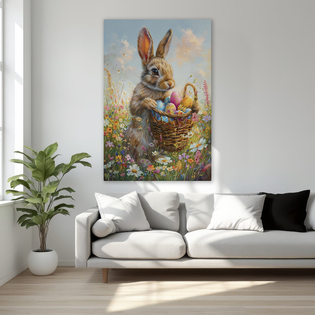 Framed Wall Art: Whimsical bunny with Easter eggs in a vibrant, colorful floral field. Perfect spring decor, warm palette. Add charm to your home!