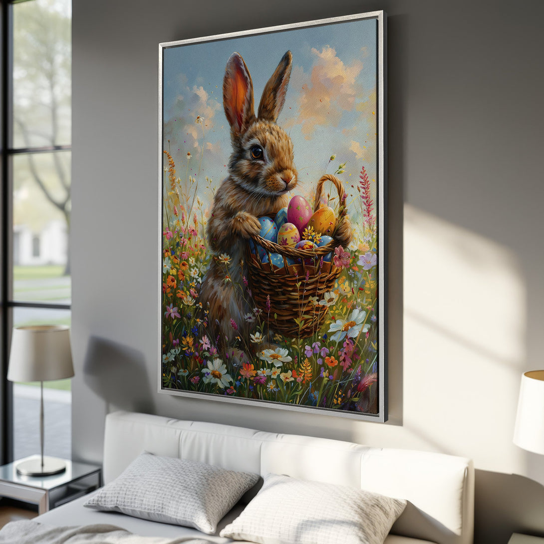 Framed Wall Art: Easter bunny with basket of eggs in a colorful meadow. Charming canvas print with pastel hues, perfect for spring decor.
