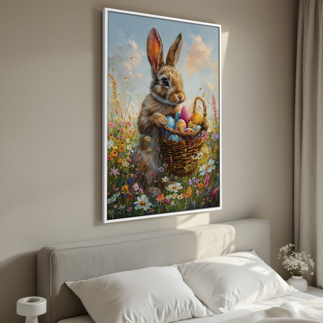 Framed Wall Art featuring a charming bunny with Easter eggs in a colorful meadow. Pastel color palette, perfect for spring decor.