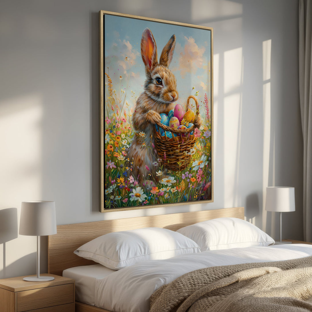 Framed Wall Art: Easter bunny with basket of eggs, pastel colors, impressionist style. Perfect bedroom decor. Add a touch of spring with this beautiful canvas print!