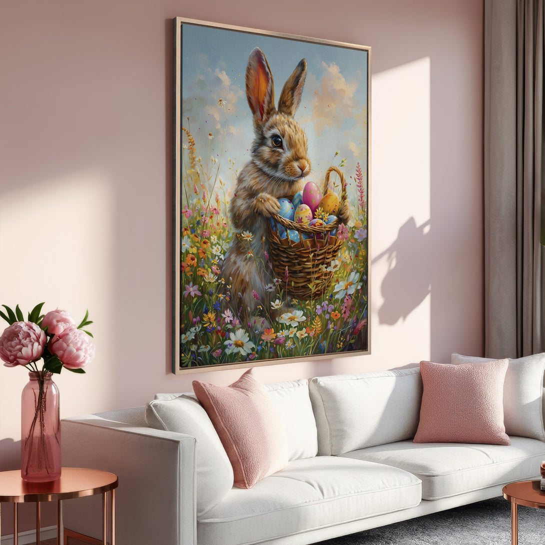 Framed Wall Art: Easter bunny with basket of eggs in a colorful meadow. Pastel color palette, perfect for spring decor. Add charm to your home!