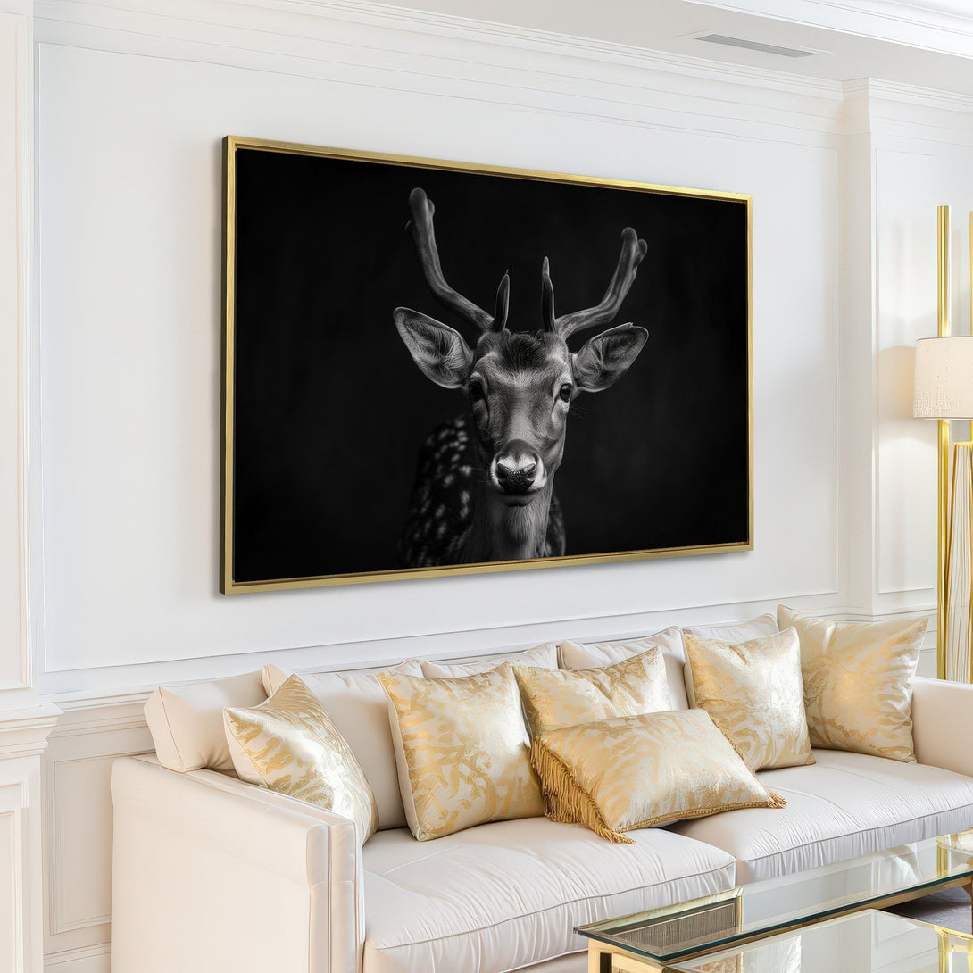 Black and white Canvas Print of a deer in a modern living room. Add a touch of nature with this stunning wall art!