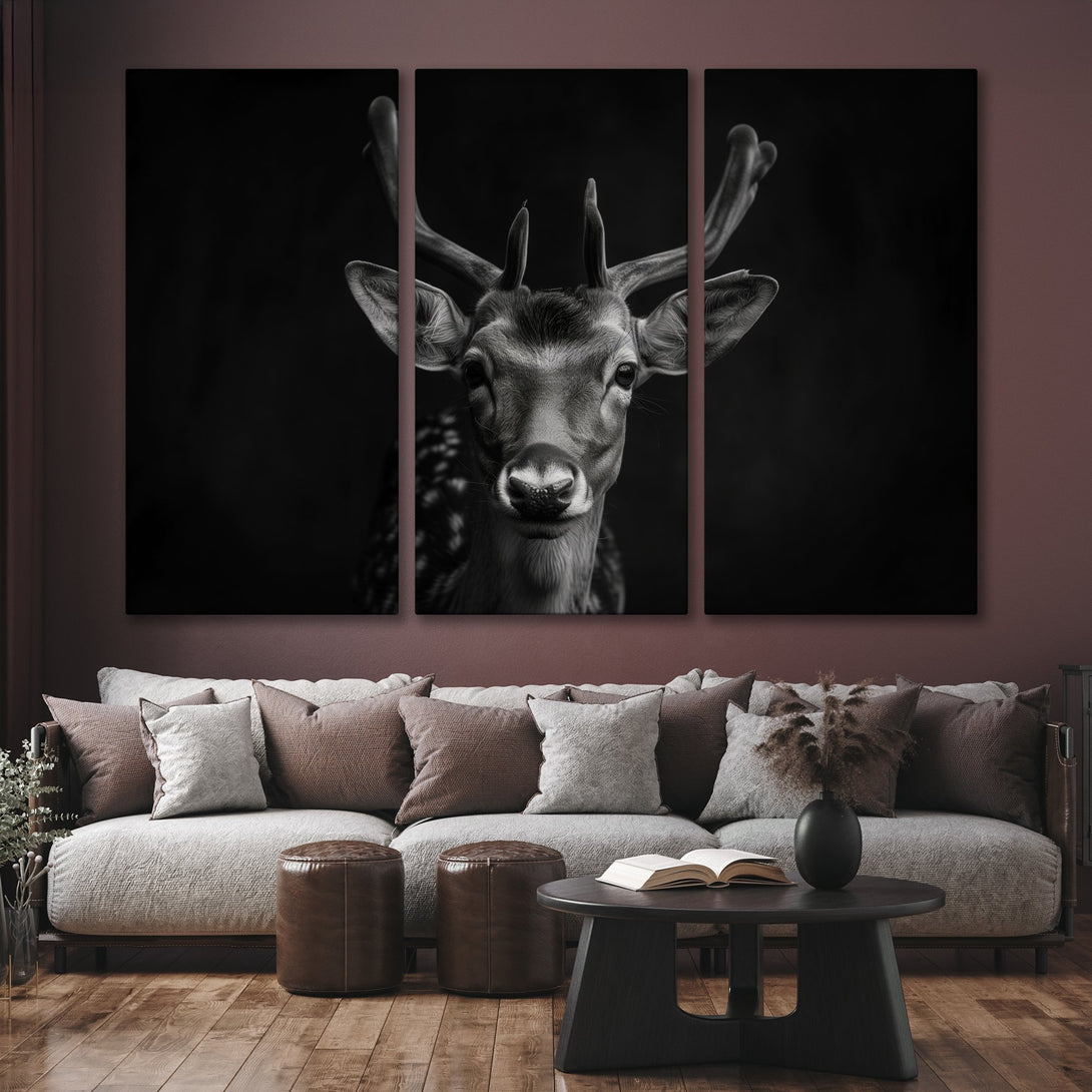Canvas Print of a majestic deer in black and white, adding a touch of modern elegance to any space. Neutral color palette.
