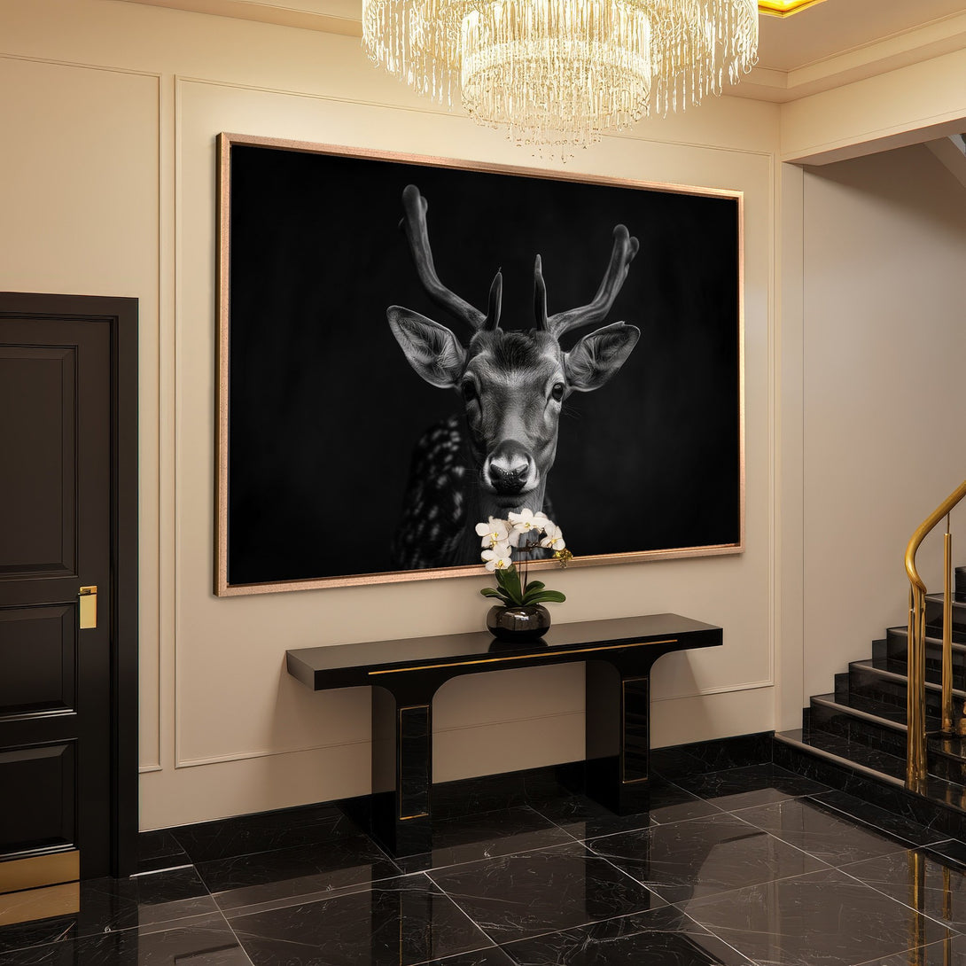 Framed Wall Art: Stunning black & white deer portrait. Elegant, modern style. Perfect for a sophisticated interior. Shop now for unique wall decor!