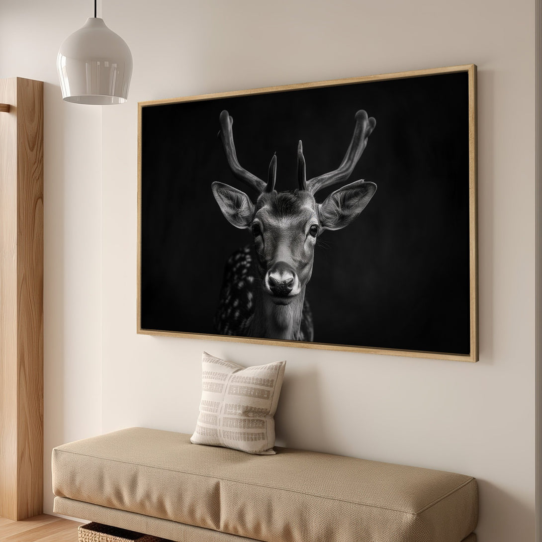 Framed Wall Art: Stunning black and white deer portrait. Modern style canvas print with neutral color palette, perfect for any interior.