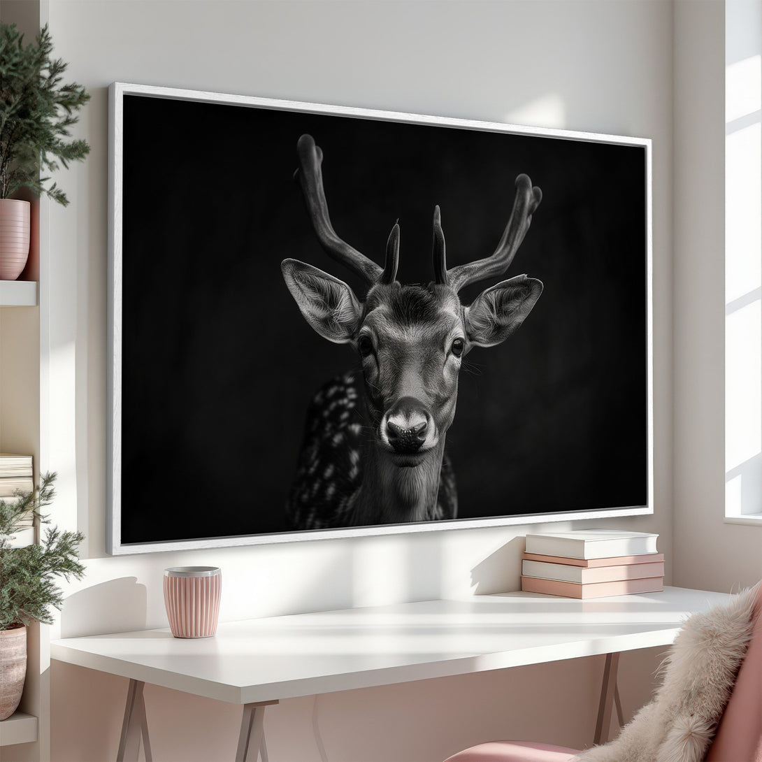 Framed Wall Art: Stunning black and white deer portrait canvas print. Modern, minimalist style in a neutral color palette. Elevate your home decor!