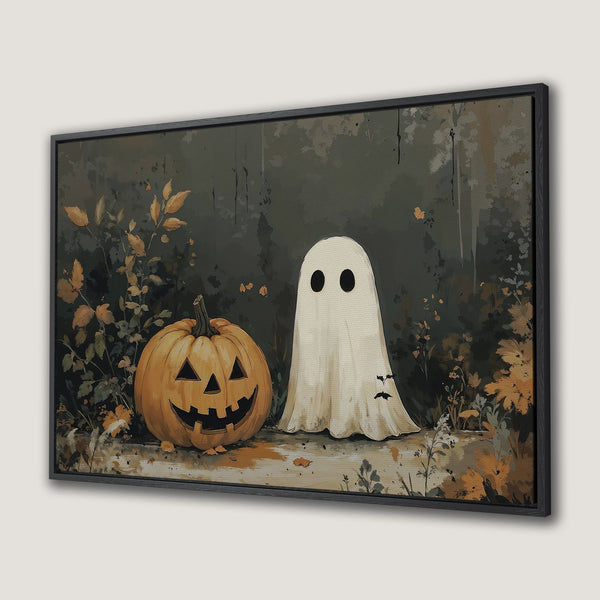 Framed Wall Art featuring a whimsical Halloween scene with a ghost and jack-o'-lantern in a muted, autumnal color palette. Perfect for spooky season decor!