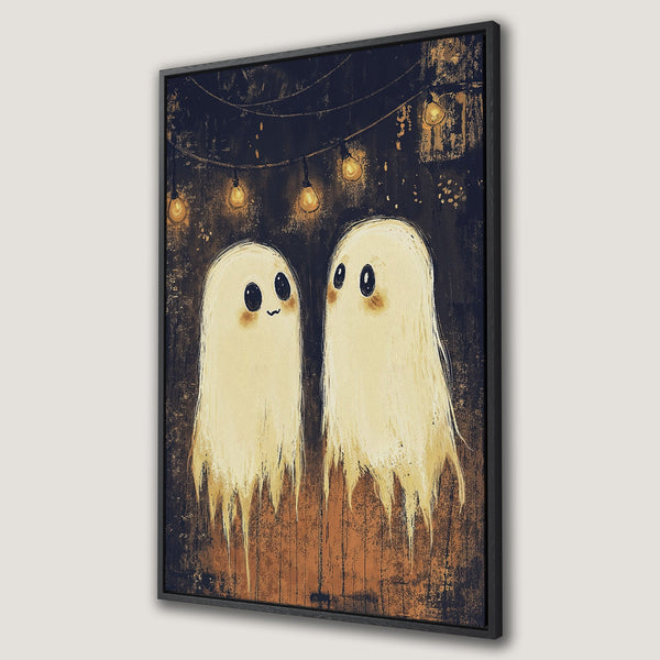 Framed Wall Art featuring two friendly ghosts under string lights. Whimsical illustration in a warm, rustic color palette. Perfect Halloween decor!