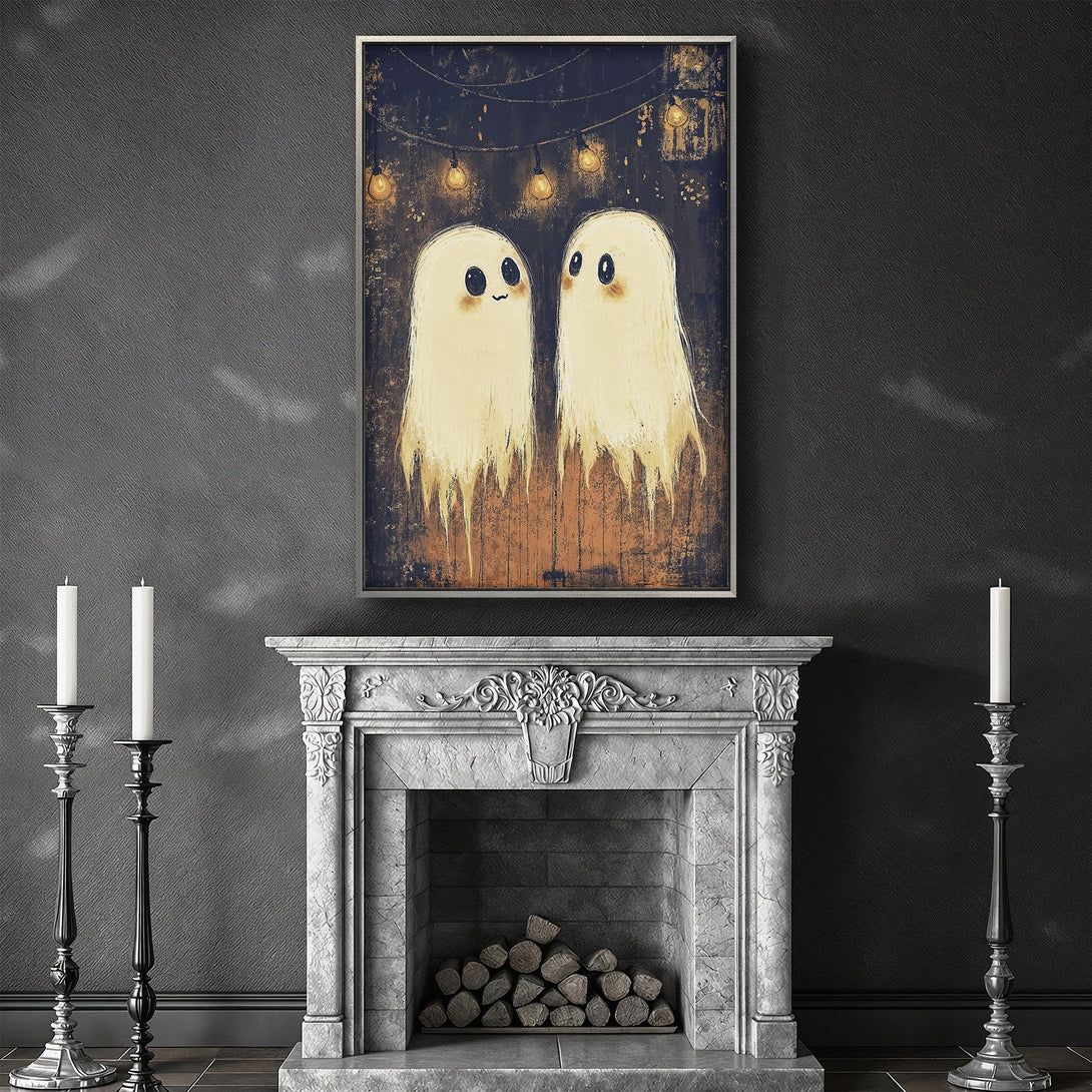 Framed Wall Art featuring adorable ghost couple with string lights. Whimsical art in a vintage style with a dark, moody color palette. Perfect Halloween decor!