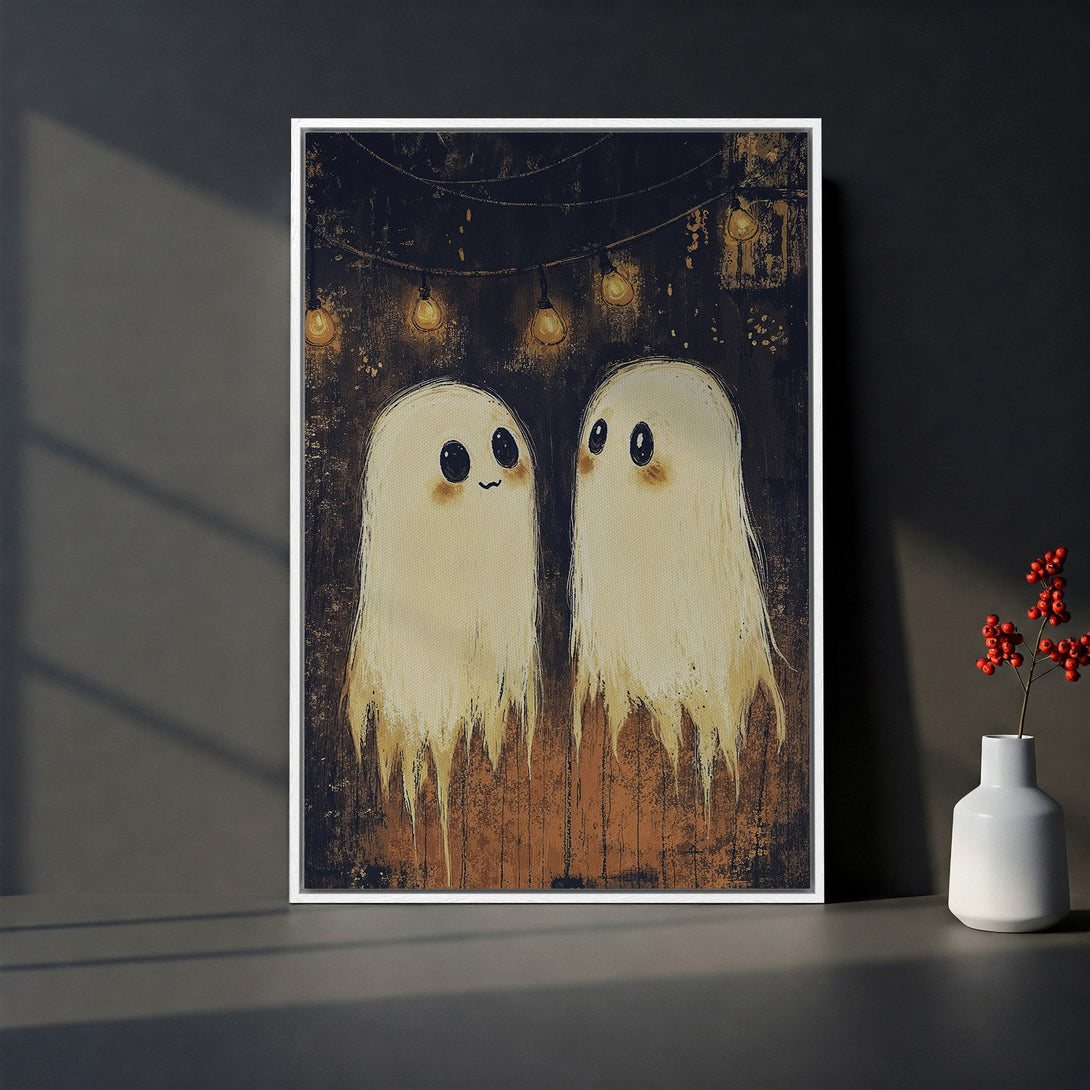 Framed Wall Art featuring adorable ghost artwork in a whimsical style with a warm, inviting color palette. Perfect for adding a touch of spooky charm to your home.