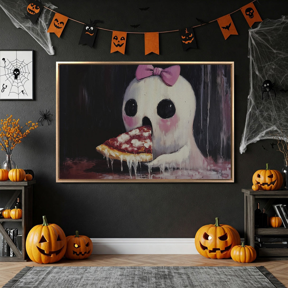 Framed Wall Art: Spooky ghost eating pizza, Halloween decor. Dark, moody color palette with orange, pink, and black. Perfect for a unique, festive touch.