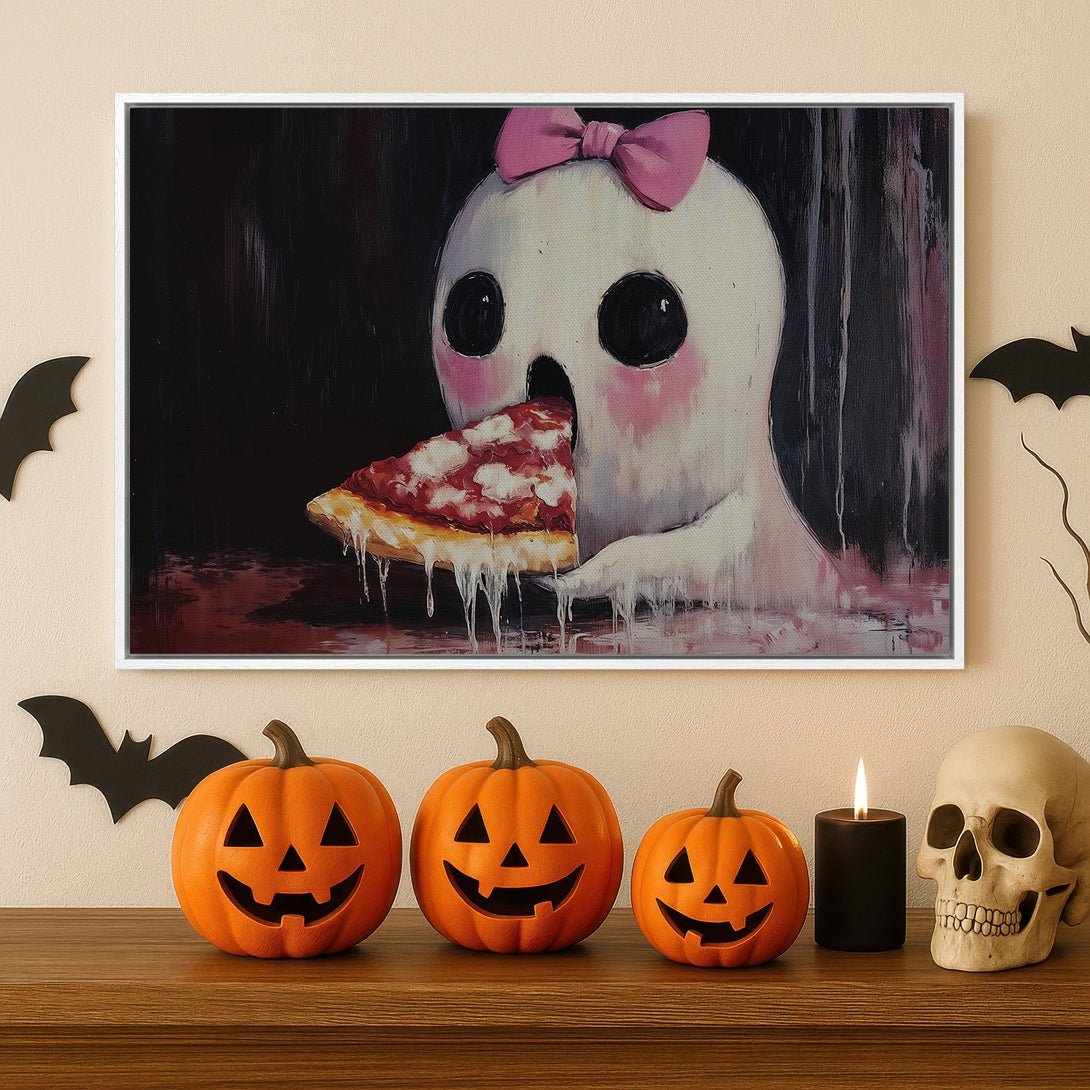 Framed Wall Art: Spooky ghost eating pizza, playful Halloween art in pink, black, and white. Perfect for adding a fun, unique touch to your decor!