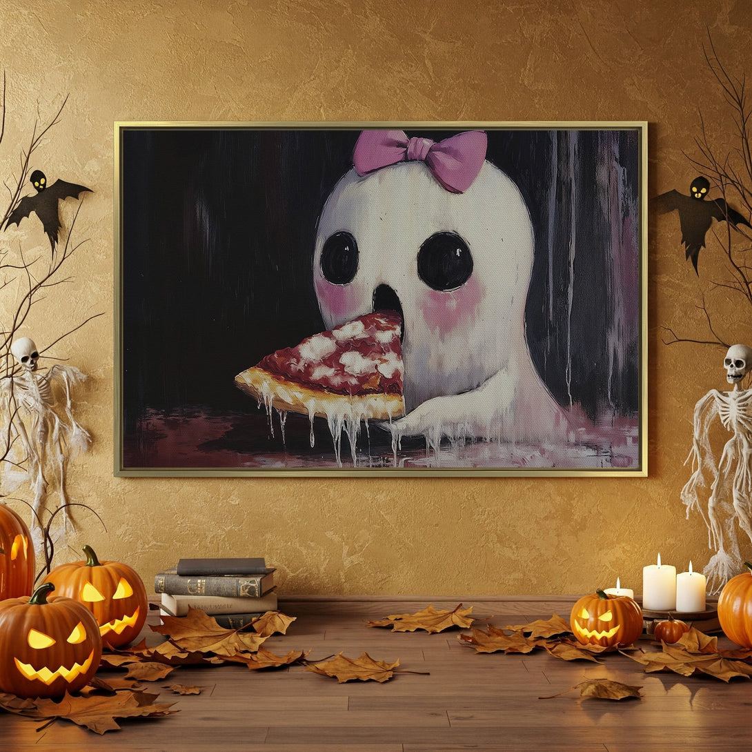 Canvas Print: Spooky ghost art with pizza, Halloween decor, moody color palette. Perfect for adding a touch of fun to your home this fall!