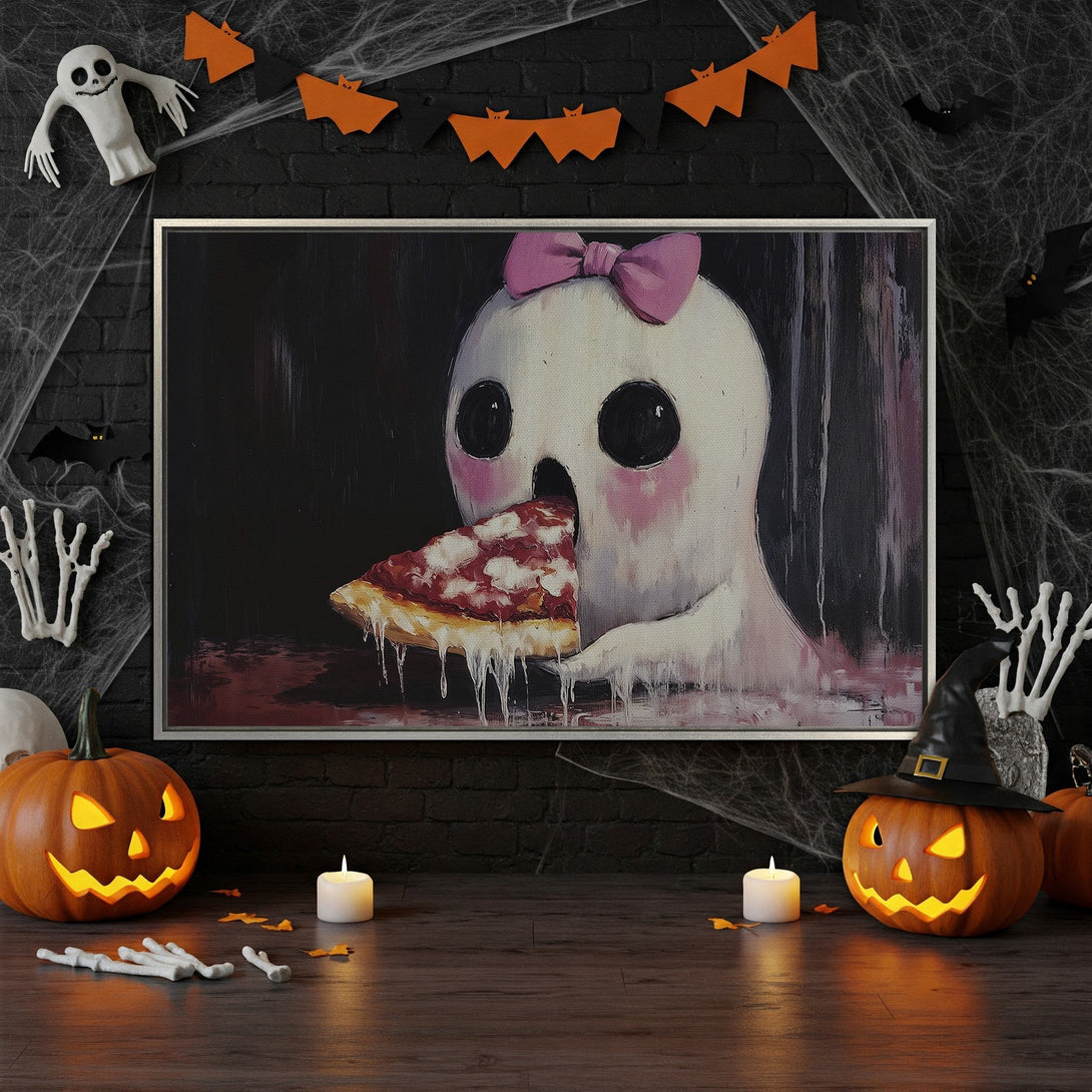 Framed Wall Art: Spooky ghost eating pizza, whimsical art in pink, black & white. Perfect Halloween decor! Shop canvas prints now.