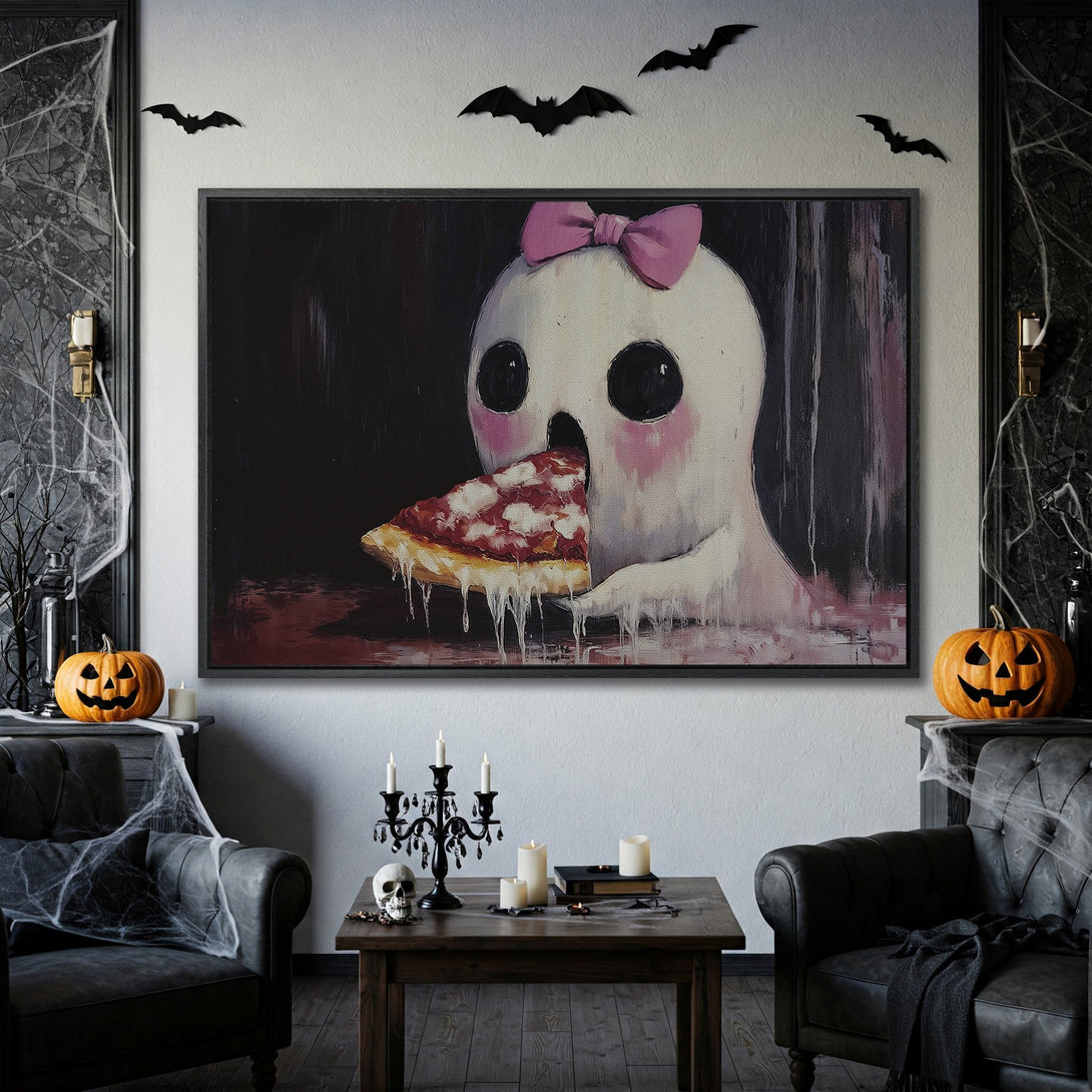 Framed Wall Art: Spooky ghost eating pizza, whimsical illustration in pink & black. Perfect Halloween decor for a unique and fun vibe.