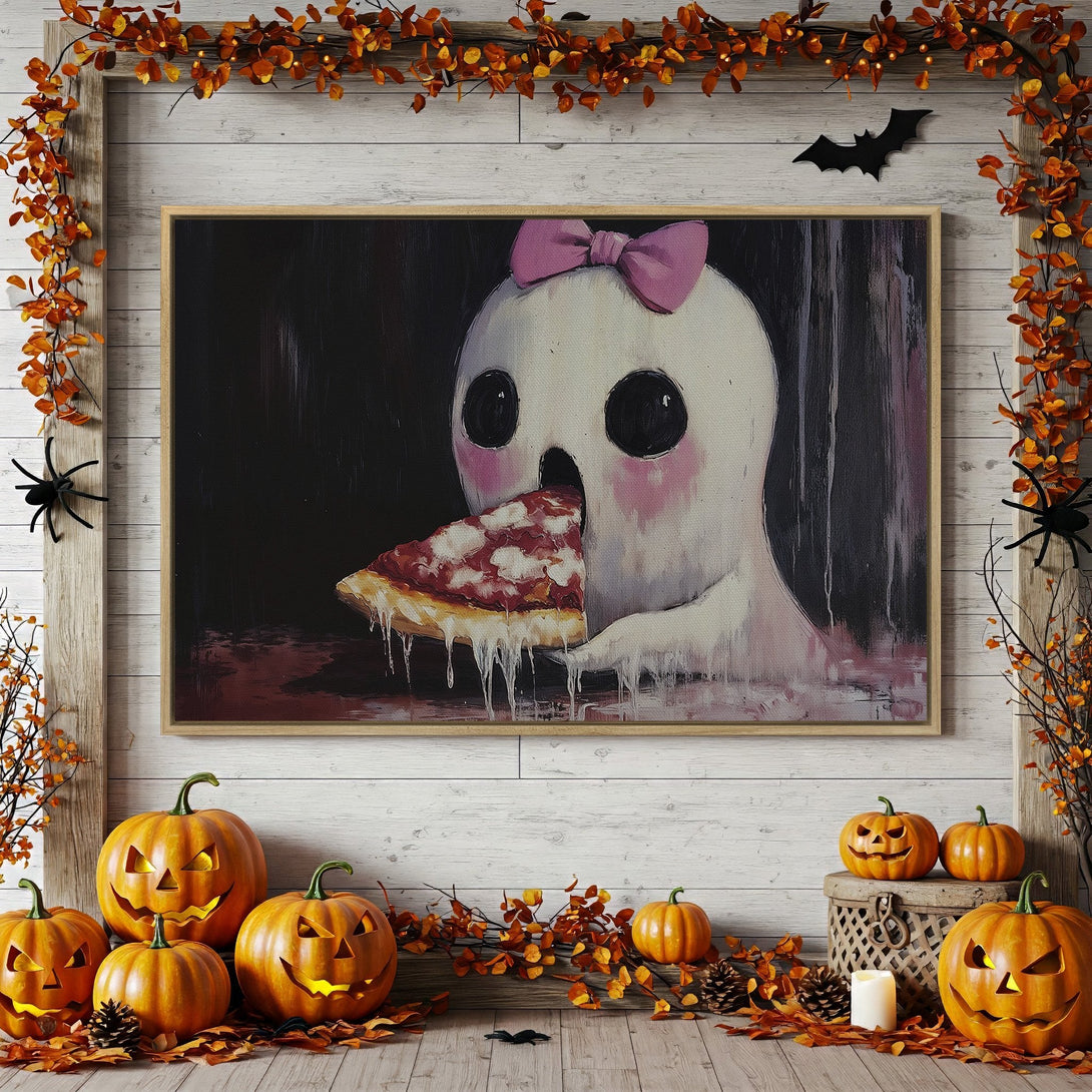 Canvas Print: Whimsical ghost art eating pizza, perfect for Halloween decor. Featuring a pink bow & a spooky, yet cute, style with a warm color palette.
