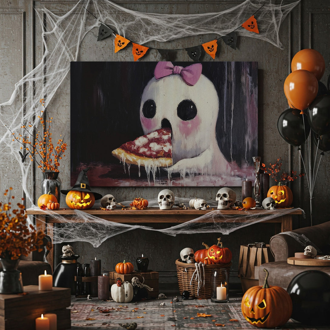 Framed Wall Art: Cute ghost eating pizza. Spooky Halloween decor with a whimsical, painterly style and a warm, autumnal color palette.