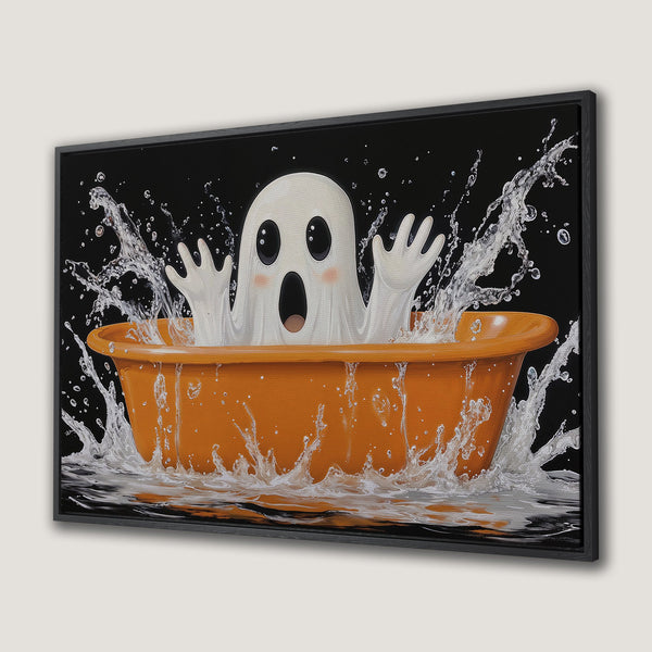Framed Wall Art: Cute ghost in orange tub with water splash against black background. Whimsical illustration, perfect for Halloween decor.