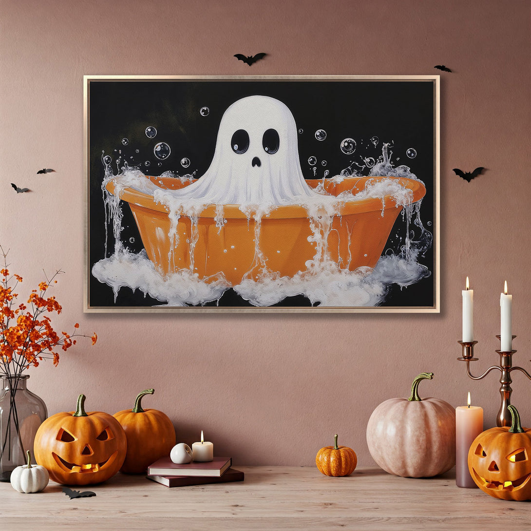 Framed Wall Art: Spooky ghost in a bathtub. Halloween-themed canvas print with a black, orange, and white color palette. Perfect for your fall decor!