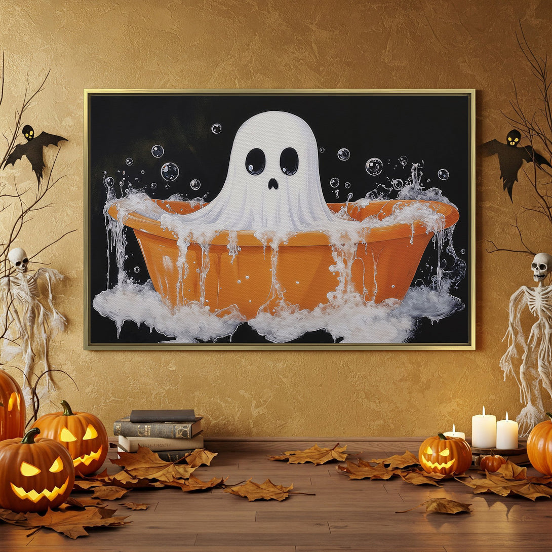 Spooky Halloween Canvas Print featuring a ghost in a bathtub. Warm orange, black, and white color palette creates a festive, fun, and seasonal vibe.