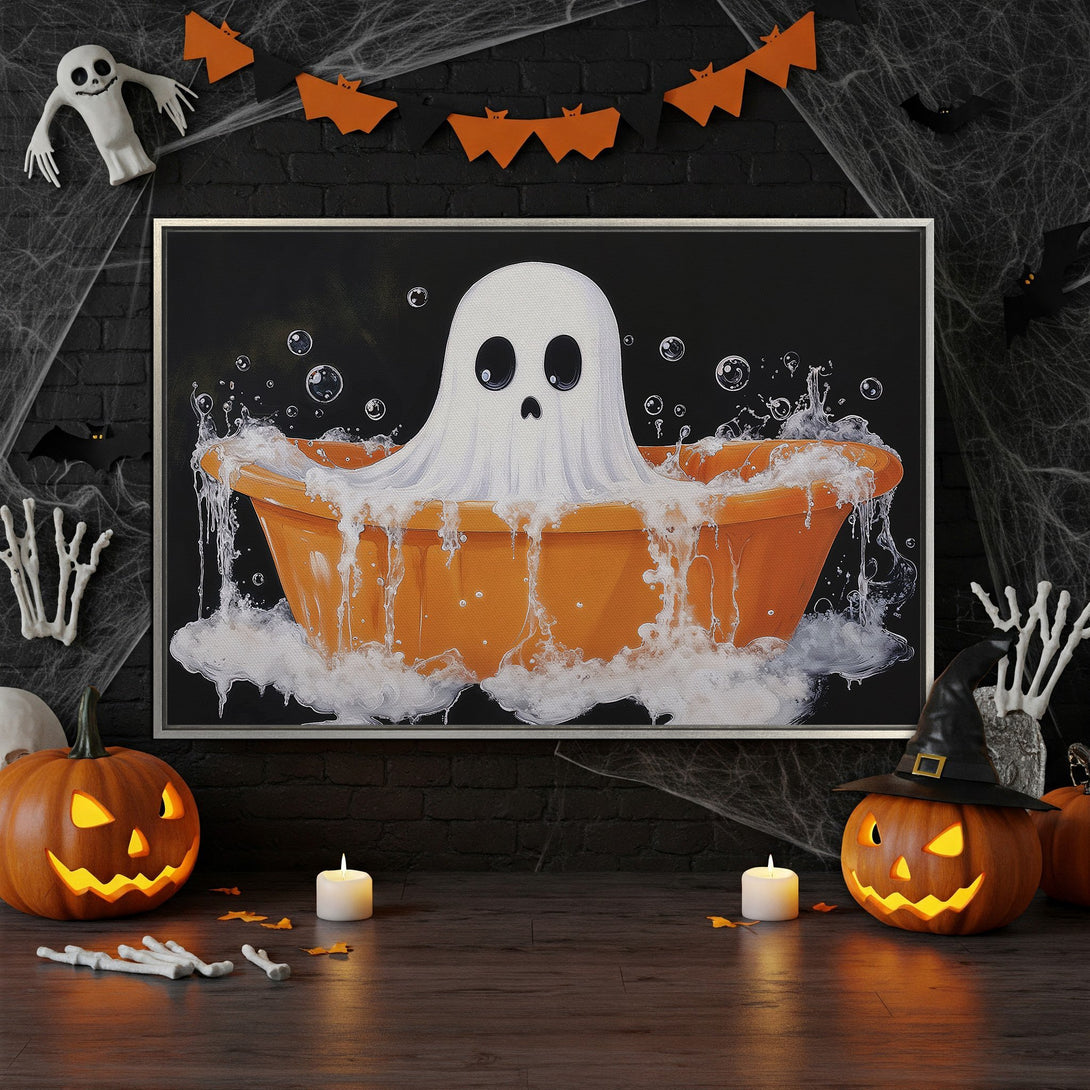 Framed Wall Art: Spooky ghost in a bathtub, whimsical Halloween art. Black, orange, and white color palette. Perfect for seasonal decor!