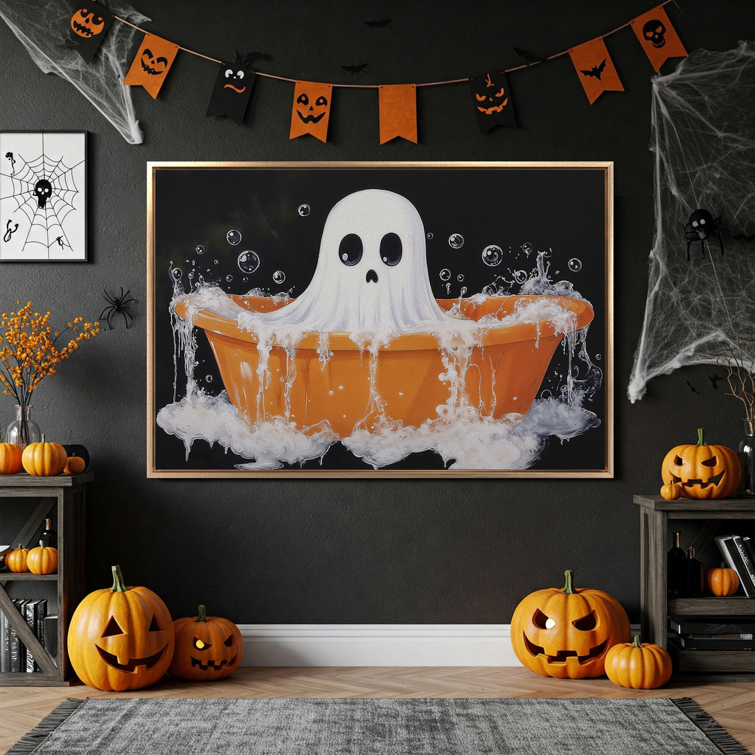 Framed Wall Art: Whimsical ghost in a bathtub, perfect for Halloween decor. Featuring a black, orange, and white color palette. Add spooky charm to your home!