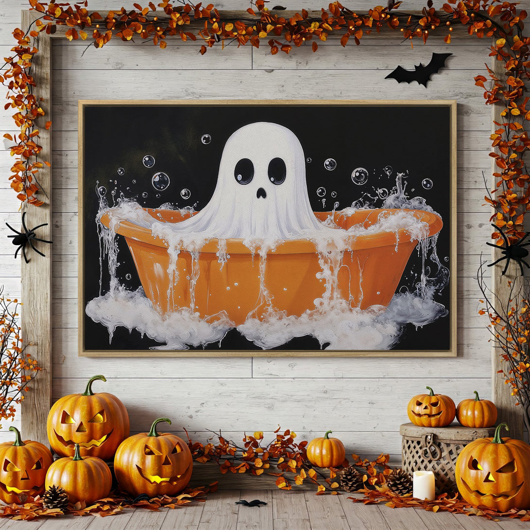 Framed Wall Art: Adorable ghost in a bathtub, perfect for Halloween decor! Features a playful style with orange, black, and white color palette.