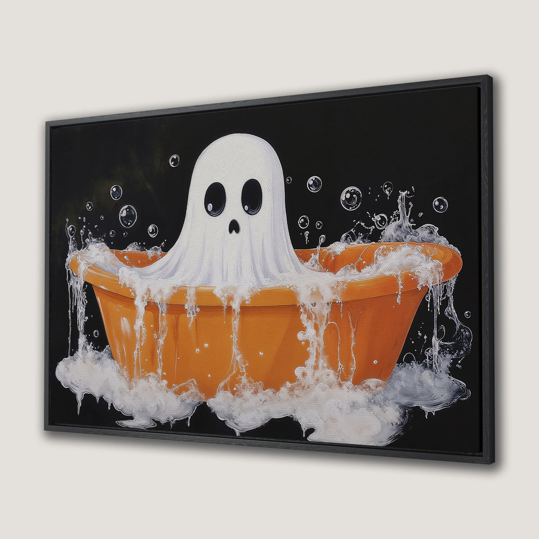 Canvas Print of a cute ghost in a bathtub, whimsical style, orange, black, and white color palette, perfect for Halloween decor.