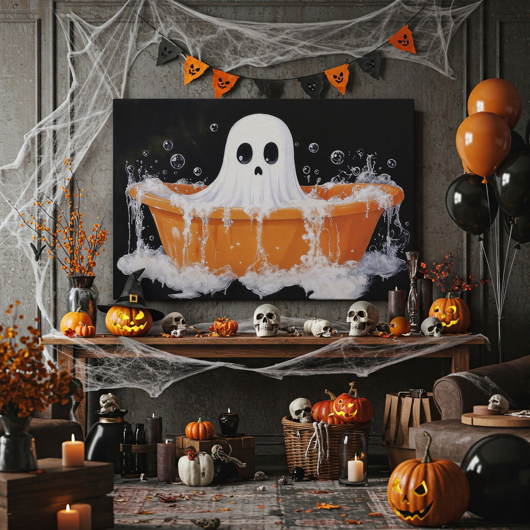 Framed Wall Art: Whimsical ghost in a bathtub canvas print. Halloween decor with orange, black, and white color palette. Perfect for spooky season!
