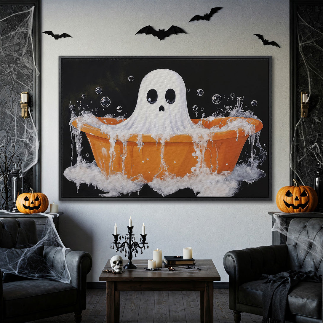 Framed Wall Art: Halloween ghost in a bathtub, whimsical illustration with orange, black, and white color palette. Perfect spooky home decor.