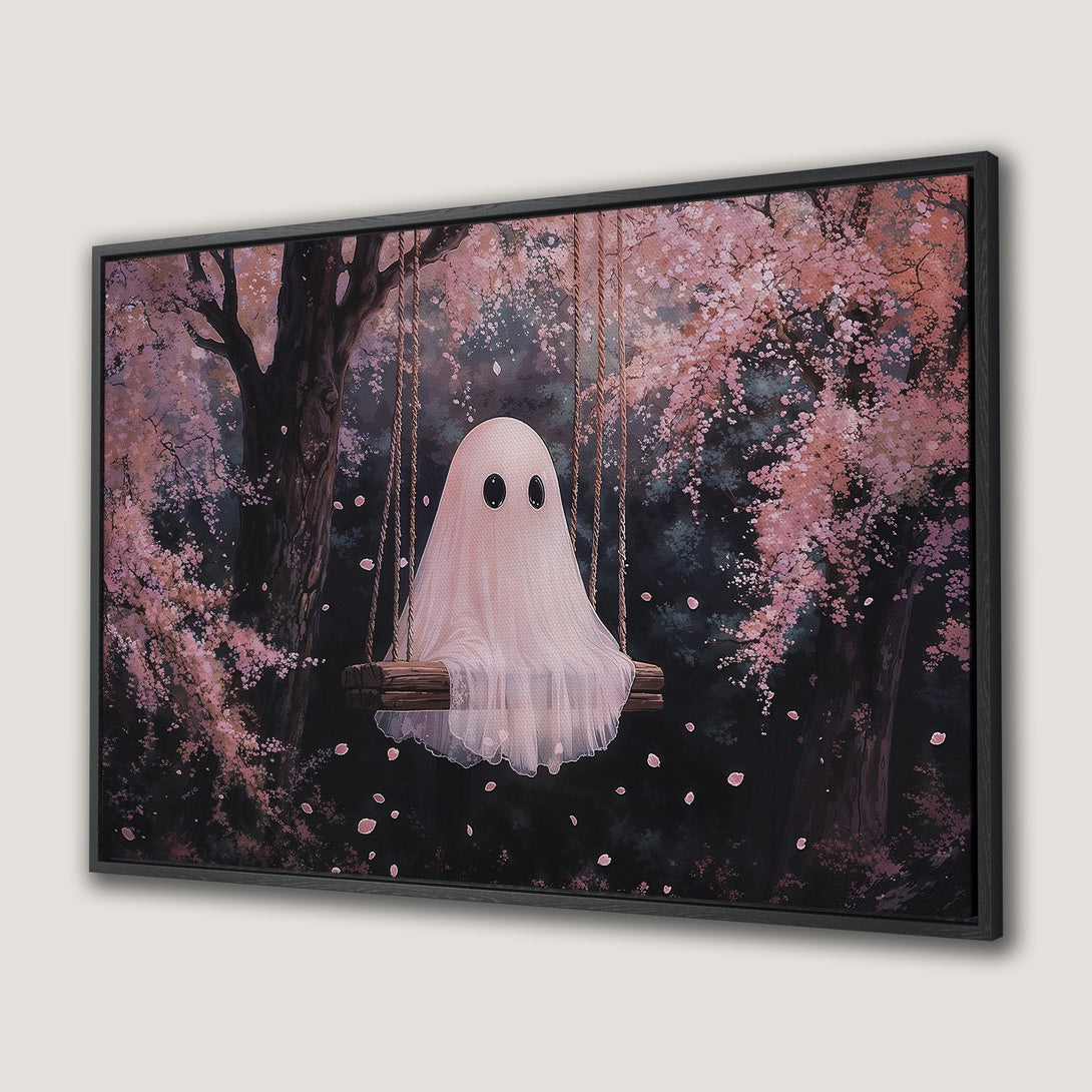 Canvas Print featuring a whimsical ghost on a swing in a pink and dark forest. Charming art in a dark and light pink color palette.
