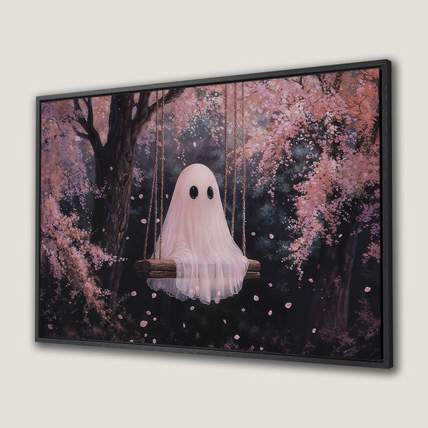 Canvas Print featuring a whimsical ghost on a swing in a pink and dark forest. Charming art in a dark and light pink color palette.